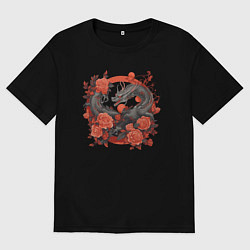 Футболка оверсайз мужская Дракон в розах, цвет: черный