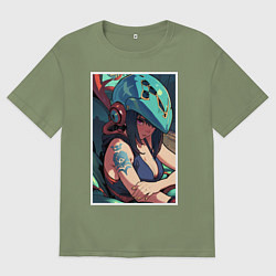 Футболка оверсайз мужская Аниме девушка в шлеме, цвет: авокадо