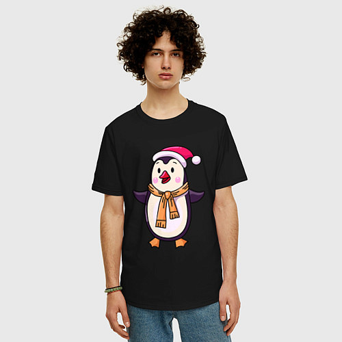 Мужская футболка оверсайз Праздничный пингвин / Черный – фото 3