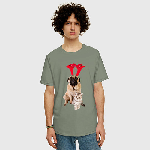 Мужская футболка оверсайз Мопс с ушками и котёнок / Авокадо – фото 3