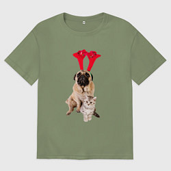 Футболка оверсайз мужская Мопс с ушками и котёнок, цвет: авокадо