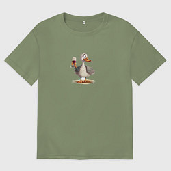 Футболка оверсайз мужская Смешной гусь с бокалом вина, цвет: авокадо