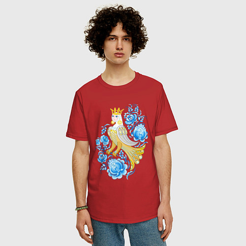 Мужская футболка оверсайз Птица Сирин в цветах по мотивам гжельской росписи / Красный – фото 3