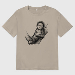 Футболка оверсайз мужская Гиббон малыш на дереве, цвет: миндальный