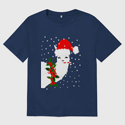 Футболка оверсайз мужская Лама - альпака Санта Клаус, цвет: тёмно-синий