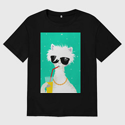 Футболка оверсайз мужская Лама-альпака на чиле с бокалом, цвет: черный