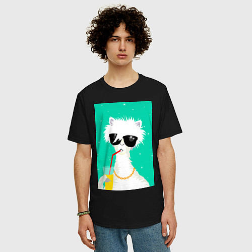 Мужская футболка оверсайз Лама-альпака на чиле с бокалом / Черный – фото 3