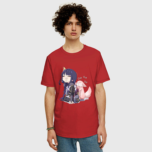 Мужская футболка оверсайз Шогун Райден и лисичка Мико / Красный – фото 3