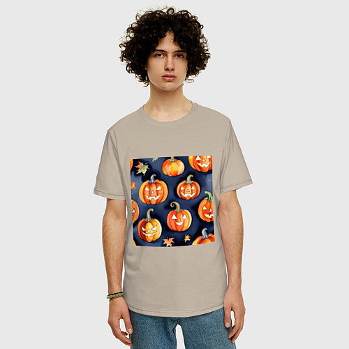 Мужская футболка оверсайз Хэллоуинские тыквы акварель / Миндальный – фото 3