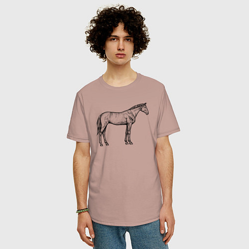 Мужская футболка оверсайз Лошадь стоит в профиль / Пыльно-розовый – фото 3