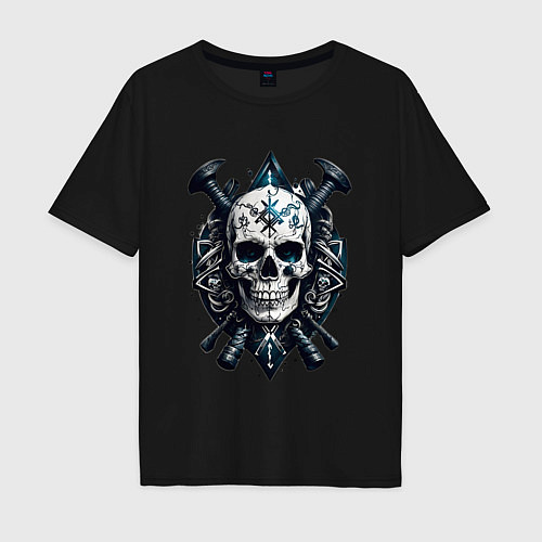 Мужская футболка оверсайз Татуированный череп викинга / Черный – фото 1