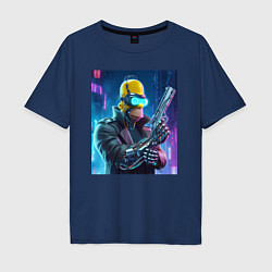Футболка оверсайз мужская Homer Simpson with a gun - cyberpunk - ai art, цвет: тёмно-синий