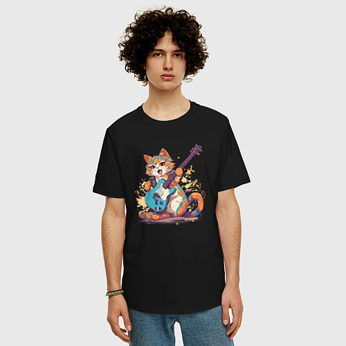 Мужская футболка оверсайз Рыжий кот гитарист / Черный – фото 3