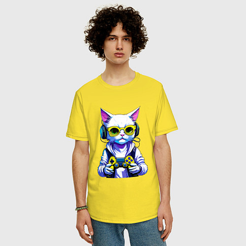 Мужская футболка оверсайз Белый кот геймер / Желтый – фото 3