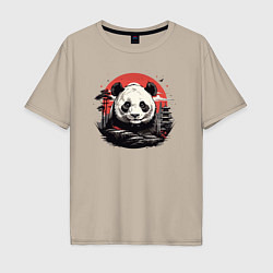 Футболка оверсайз мужская Панда с красным солнцем, цвет: миндальный