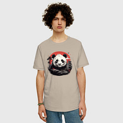 Футболка оверсайз мужская Панда с красным солнцем, цвет: миндальный — фото 2
