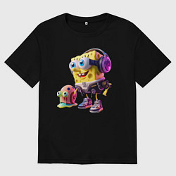 Футболка оверсайз мужская Губка Боб и улитка Гэри - киберпанк, цвет: черный
