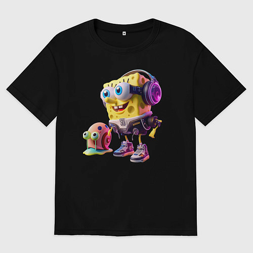 Мужская футболка оверсайз Губка Боб и улитка Гэри - киберпанк / Черный – фото 1