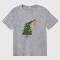 Футболка оверсайз мужская Новогодняя ёлка с котами, цвет: меланж