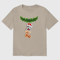 Футболка оверсайз мужская Новогодний французский бульдог в носке игрушка, цвет: миндальный