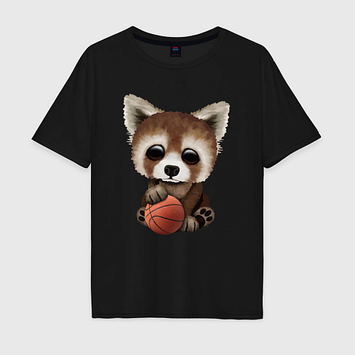 Мужская футболка оверсайз Красная панда баскетболист / Черный – фото 1