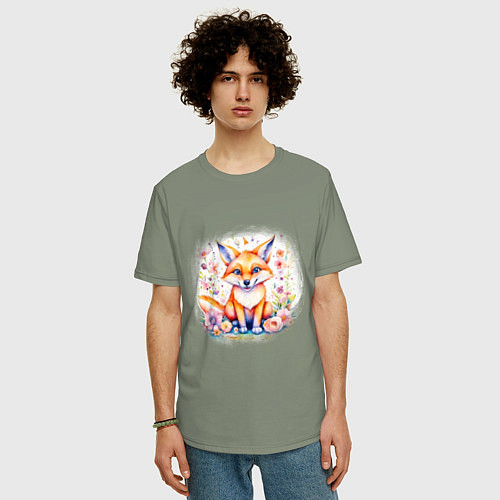 Мужская футболка оверсайз Милый большеухий лисенок сидит в цветах / Авокадо – фото 3