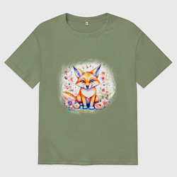 Футболка оверсайз мужская Милый большеухий лисенок сидит в цветах, цвет: авокадо