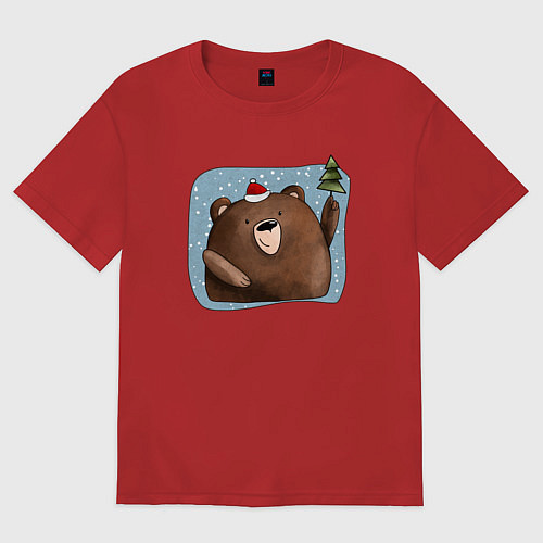 Мужская футболка оверсайз Медведь и елка / Красный – фото 1