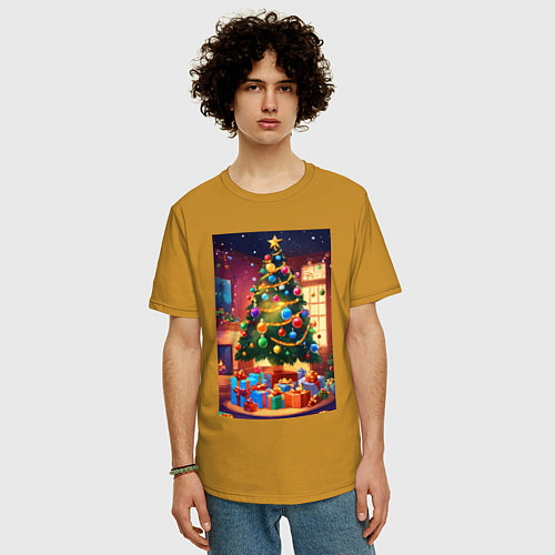 Мужская футболка оверсайз Красочное рождество / Горчичный – фото 3