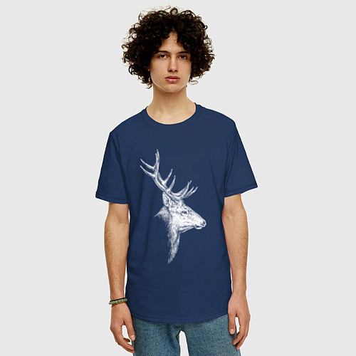 Мужская футболка оверсайз Профиль оленя белый / Тёмно-синий – фото 3