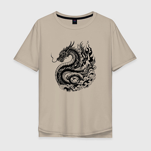 Мужская футболка оверсайз Японский дракон - ирезуми / Миндальный – фото 1