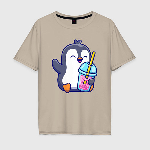 Мужская футболка оверсайз Пингвин с напитком / Миндальный – фото 1