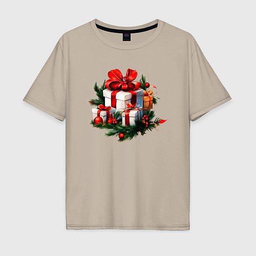 Мужская футболка оверсайз Рождественский подарок / Миндальный – фото 1