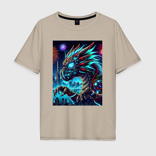 Мужская футболка оверсайз Cyber dragon - ai art neon / Миндальный – фото 1