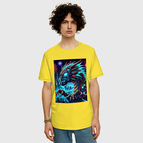 Мужская футболка оверсайз Cyber dragon - ai art neon / Желтый – фото 3