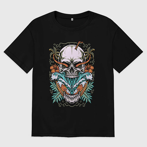 Мужская футболка оверсайз Череп волны пальмы / Черный – фото 1