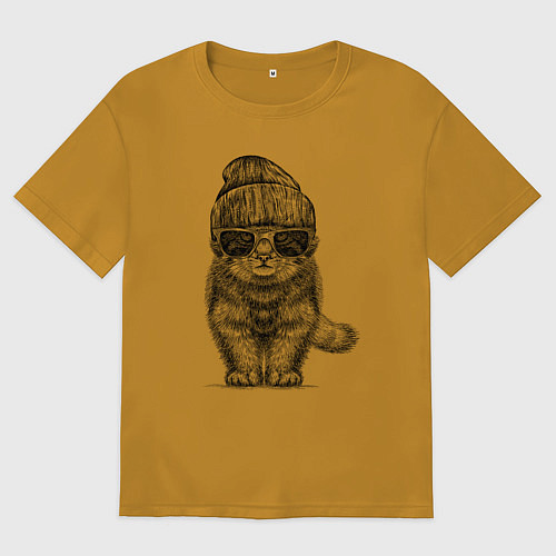 Мужская футболка оверсайз Котенок манул хипстер / Горчичный – фото 1