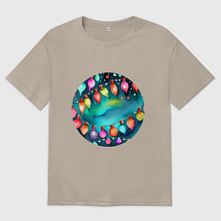 Футболка оверсайз мужская Новогодние гирлянды акварель, цвет: миндальный