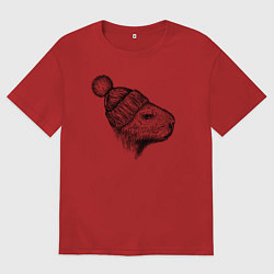 Футболка оверсайз мужская Капибара в шапке, цвет: красный