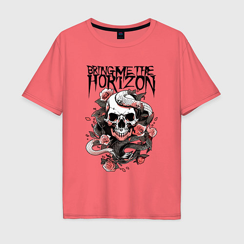 Мужская футболка оверсайз Bring Me the Horizon - A skull with roses / Коралловый – фото 1