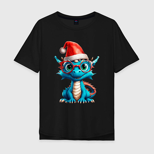 Мужская футболка оверсайз Дракончик в рождественской шапке / Черный – фото 1