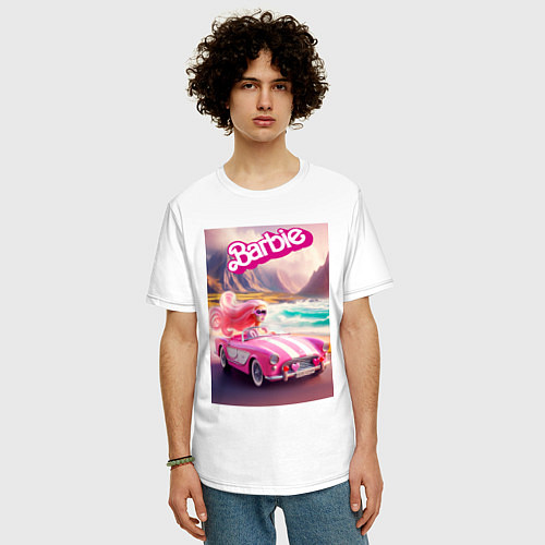 Мужская футболка оверсайз Барби в кабриолете на горной дороге / Белый – фото 3