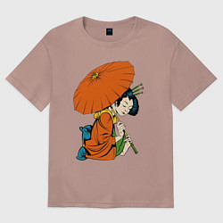 Футболка оверсайз мужская Японка с зонтом, цвет: пыльно-розовый