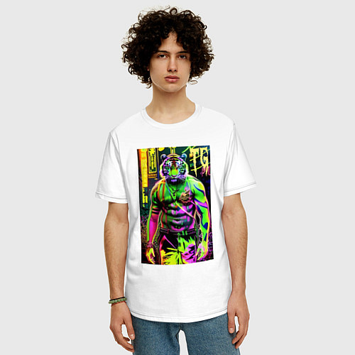 Мужская футболка оверсайз Dude tiger - neon / Белый – фото 3