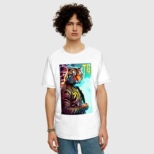 Мужская футболка оверсайз Модный тигр - неон / Белый – фото 3