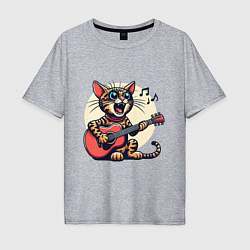 Футболка оверсайз мужская Забавный полосатый кот играет на гитаре, цвет: меланж
