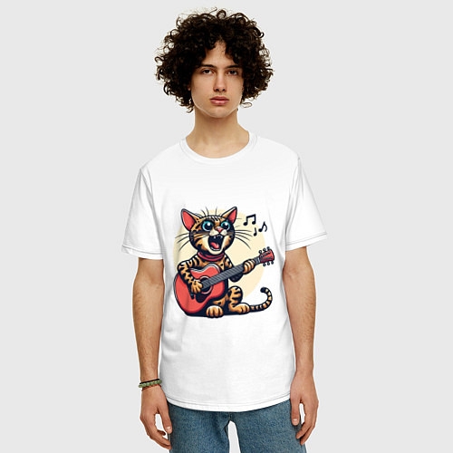 Мужская футболка оверсайз Забавный полосатый кот играет на гитаре / Белый – фото 3