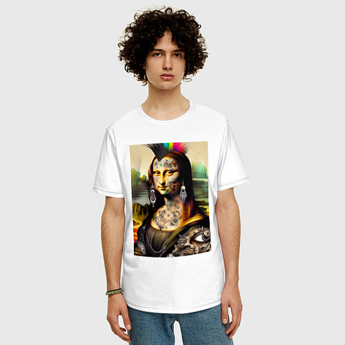 Мужская футболка оверсайз Punk Mona Lisa is covered in tattoos / Белый – фото 3