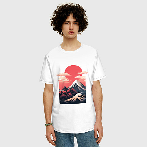 Мужская футболка оверсайз Горный пейзаж с солнцем / Белый – фото 3