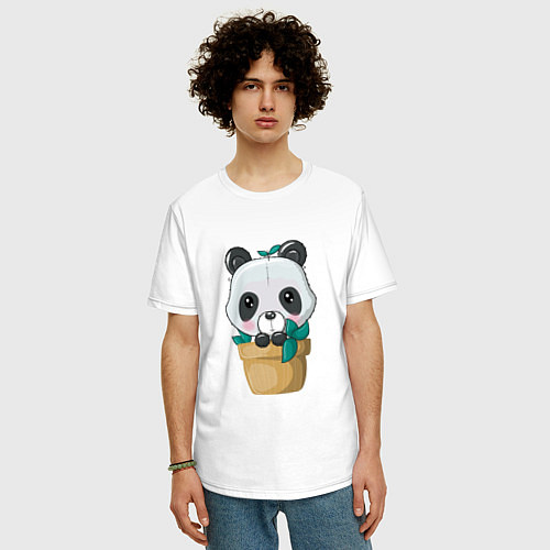 Мужская футболка оверсайз Милая панда в цветочном горшке / Белый – фото 3